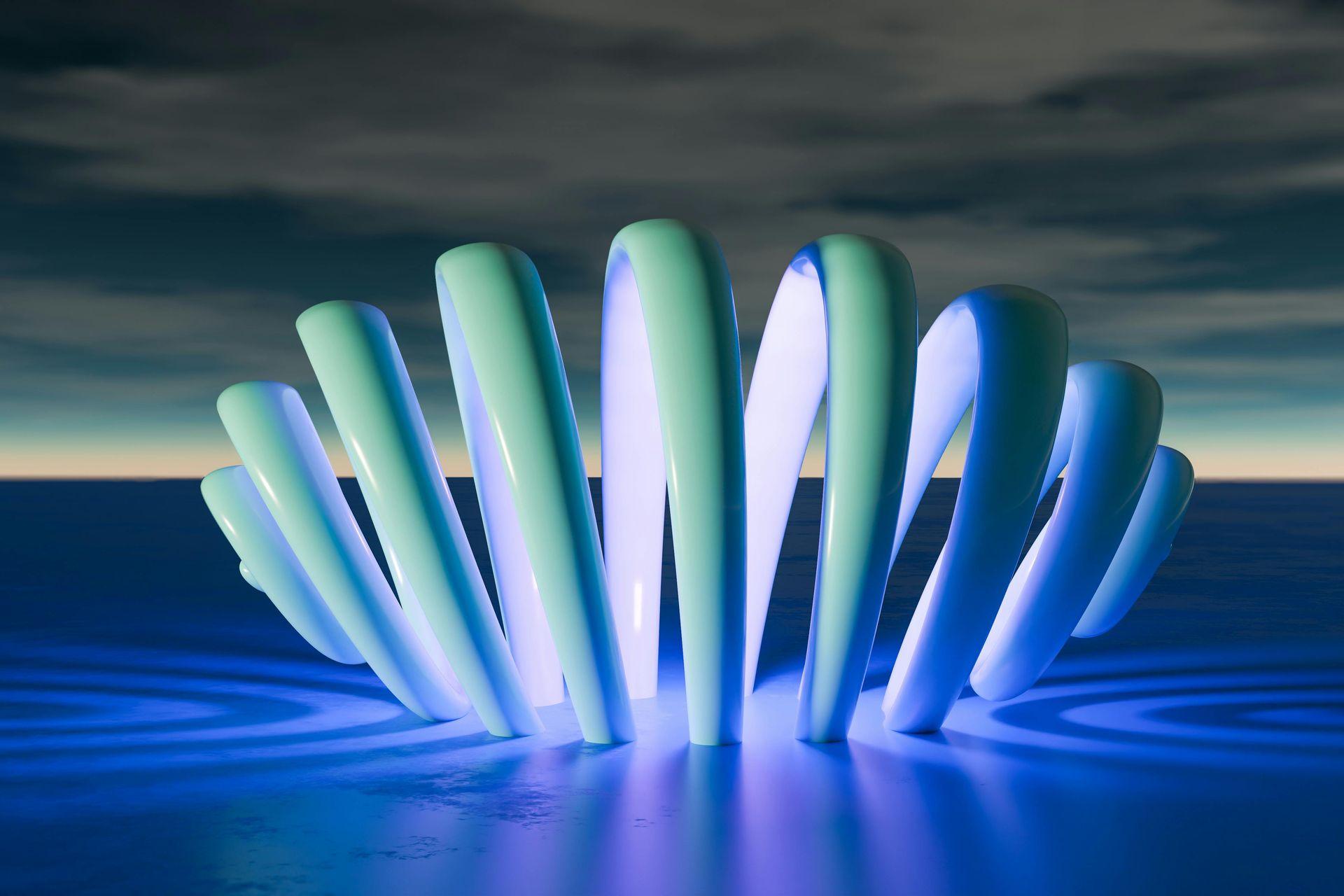 Abstract sculpture with elongated, blue, looped structures glowing on a dark reflective surface.