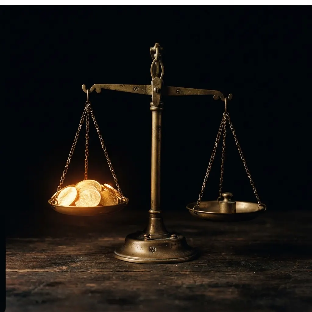 Antique brass balance scale weighing glowing golden coins against darkness
