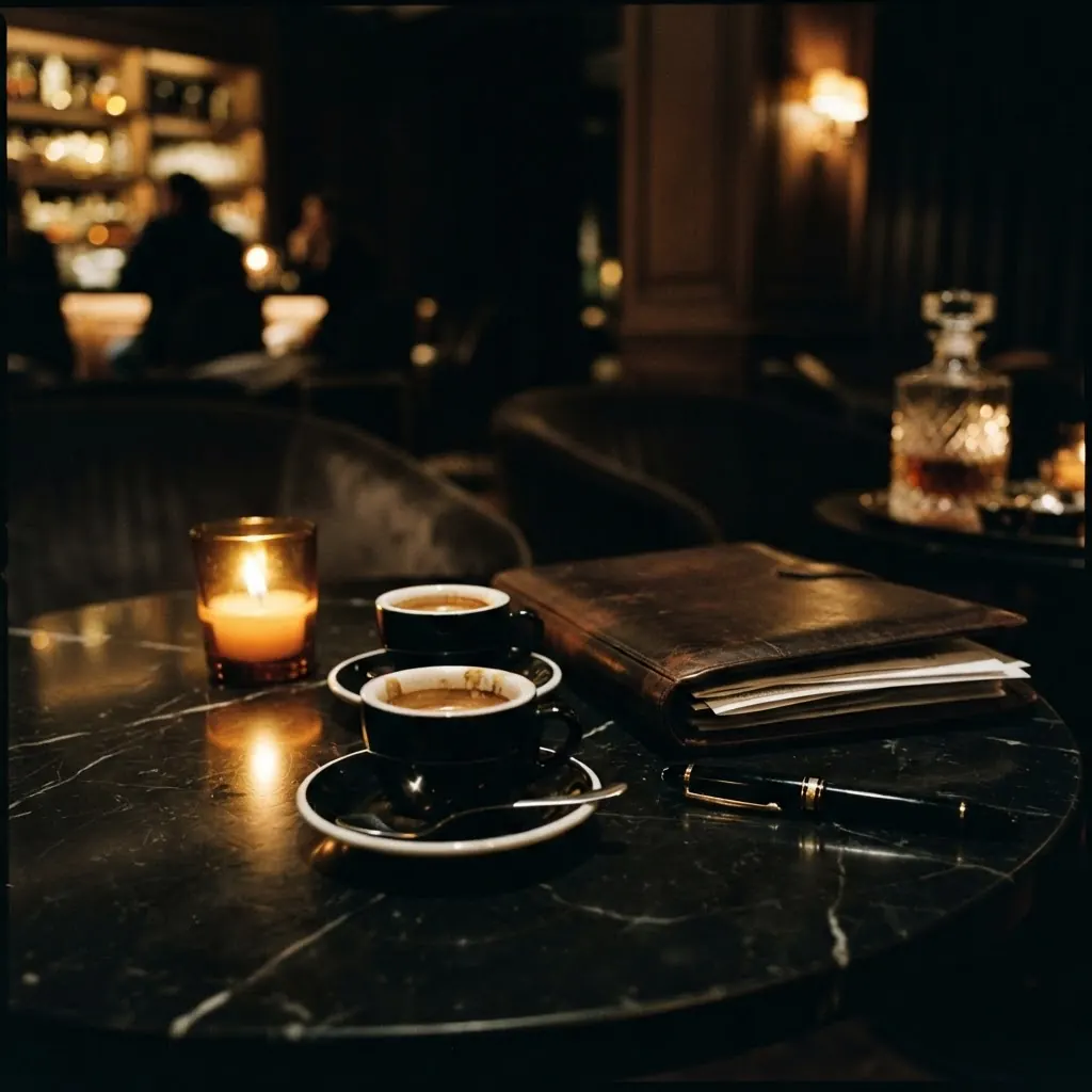Two espresso cups and a leather folio on dark marble, lit by candlelight